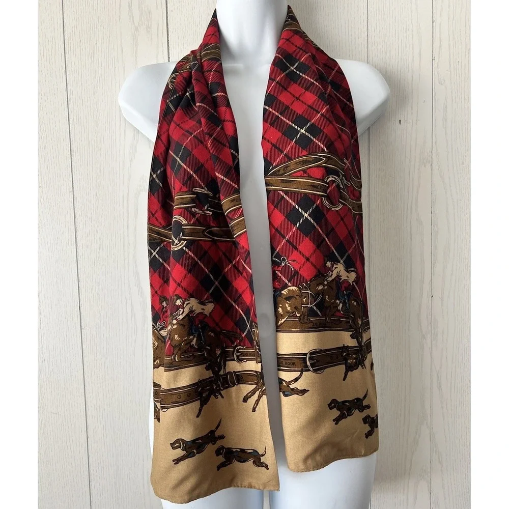 Vintage Double Face EQUESTRIAN Scarf Red Tartan Jockey Dachshund JG Hook
